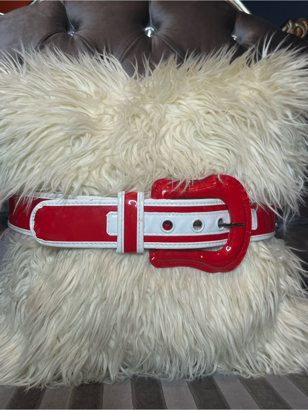 🚨 Bold Red & White Patent Contrast Statement Belt with Oversized Buckle 🎁